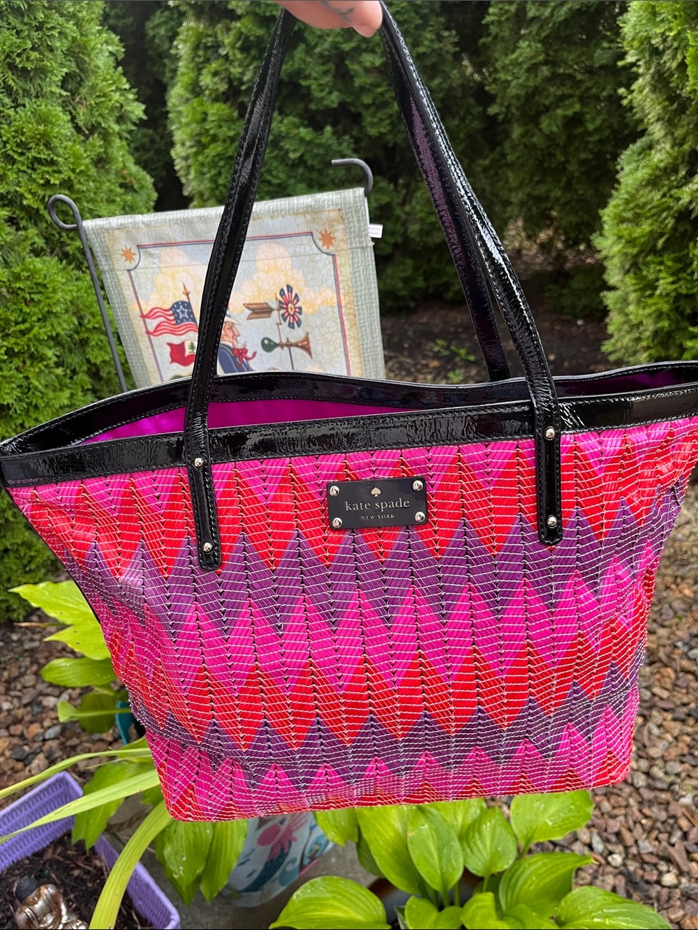 Kate Spade Pink, Purple & Red Woven Chevron Tote EUC